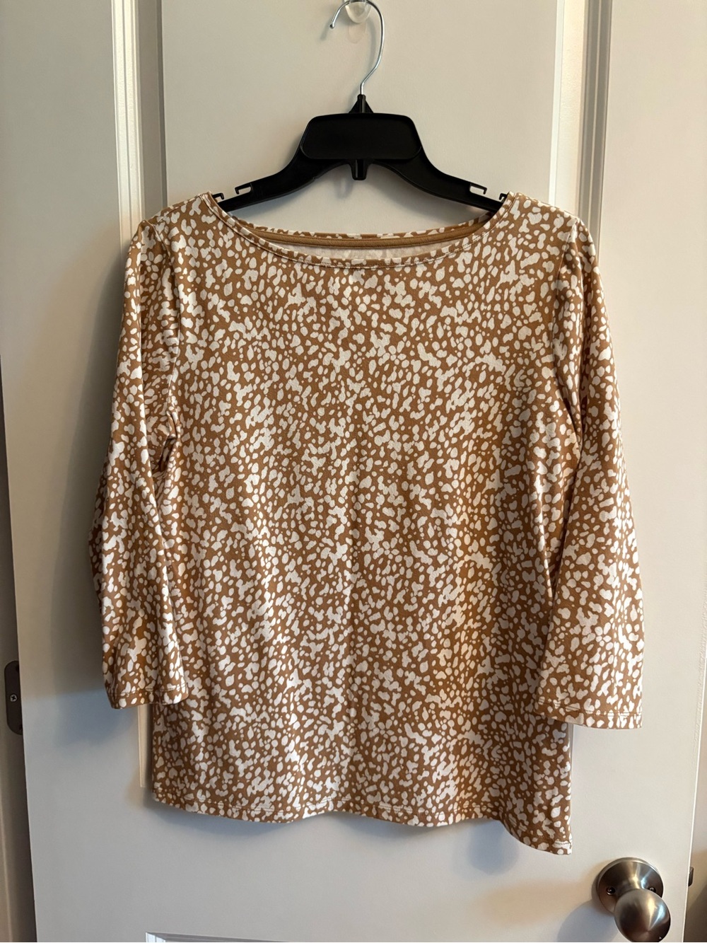 Talbots Tan and White Printed Boatneck Long Sleeve Top